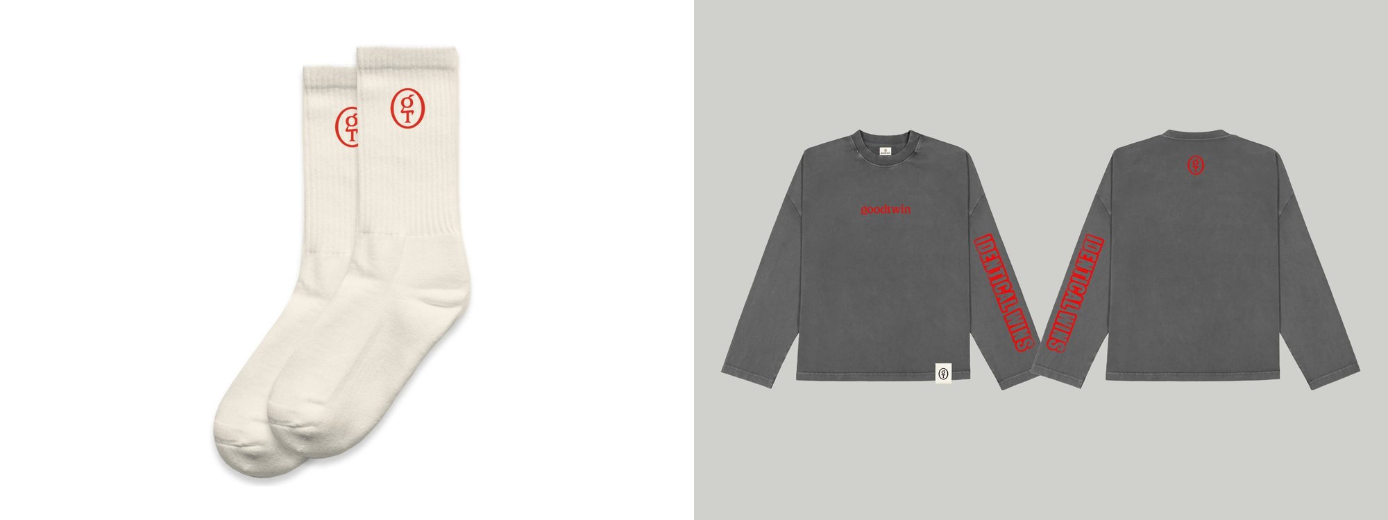 The goodtwin socks and washed grey long sleeve side by side