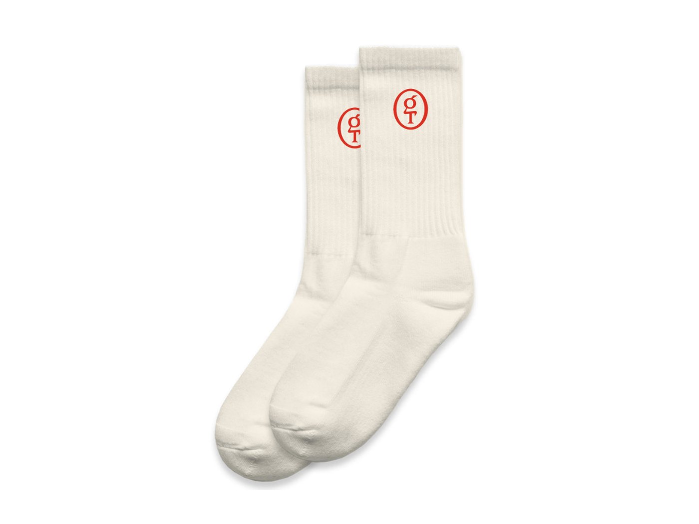 Cream ribbed crew socks with a red goodtwin monogram
